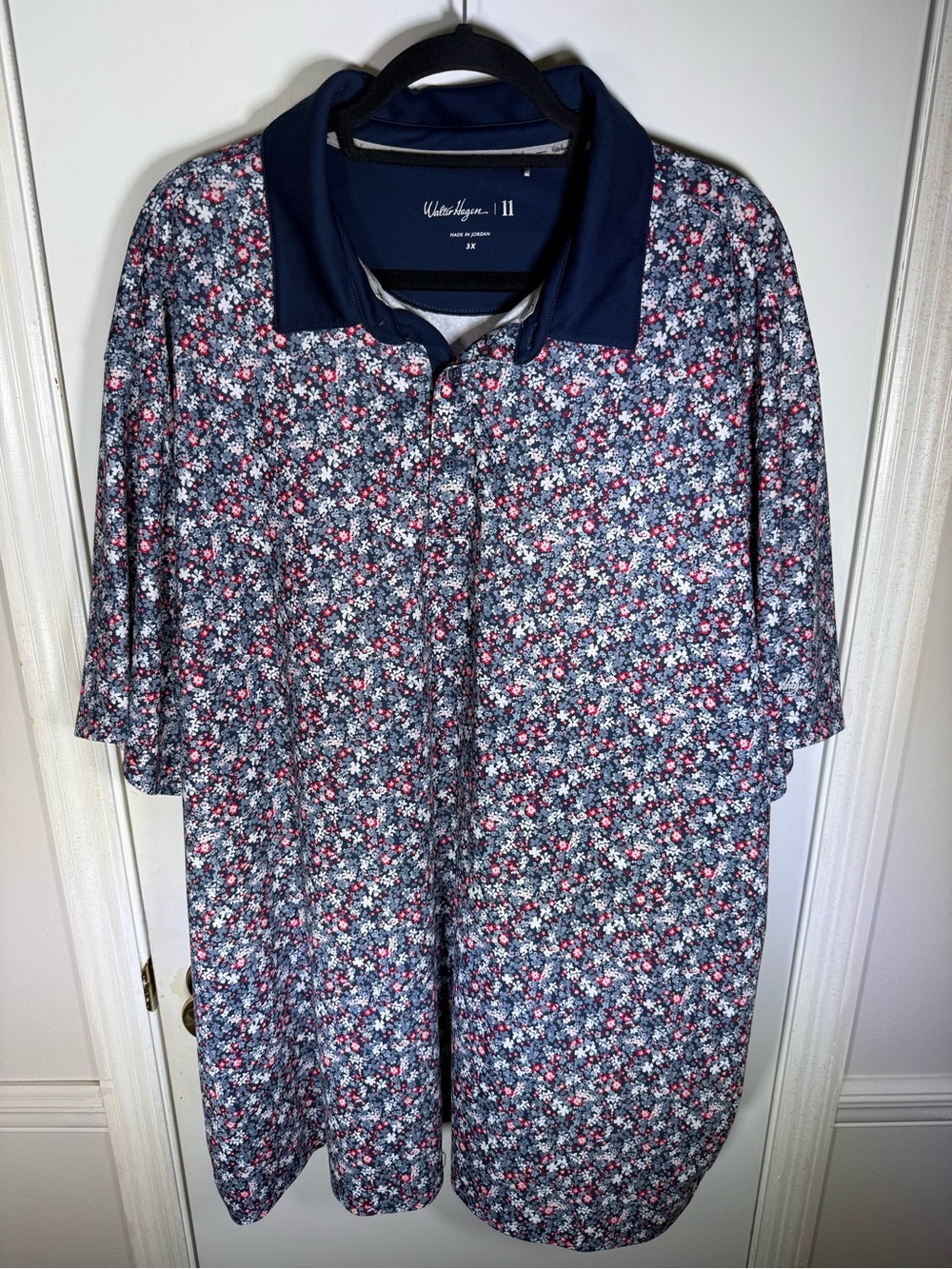 Walter Hagen Navy Floral Performance Polo with Pink & White Accents